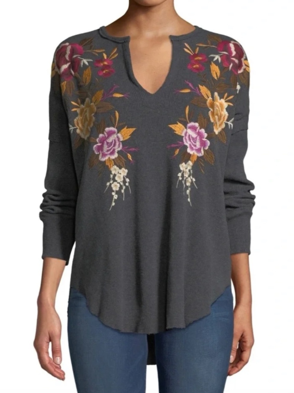 JOHNNY WAS Zosia V Neck Floral Embroidered Boho Thermal Top Size Medium